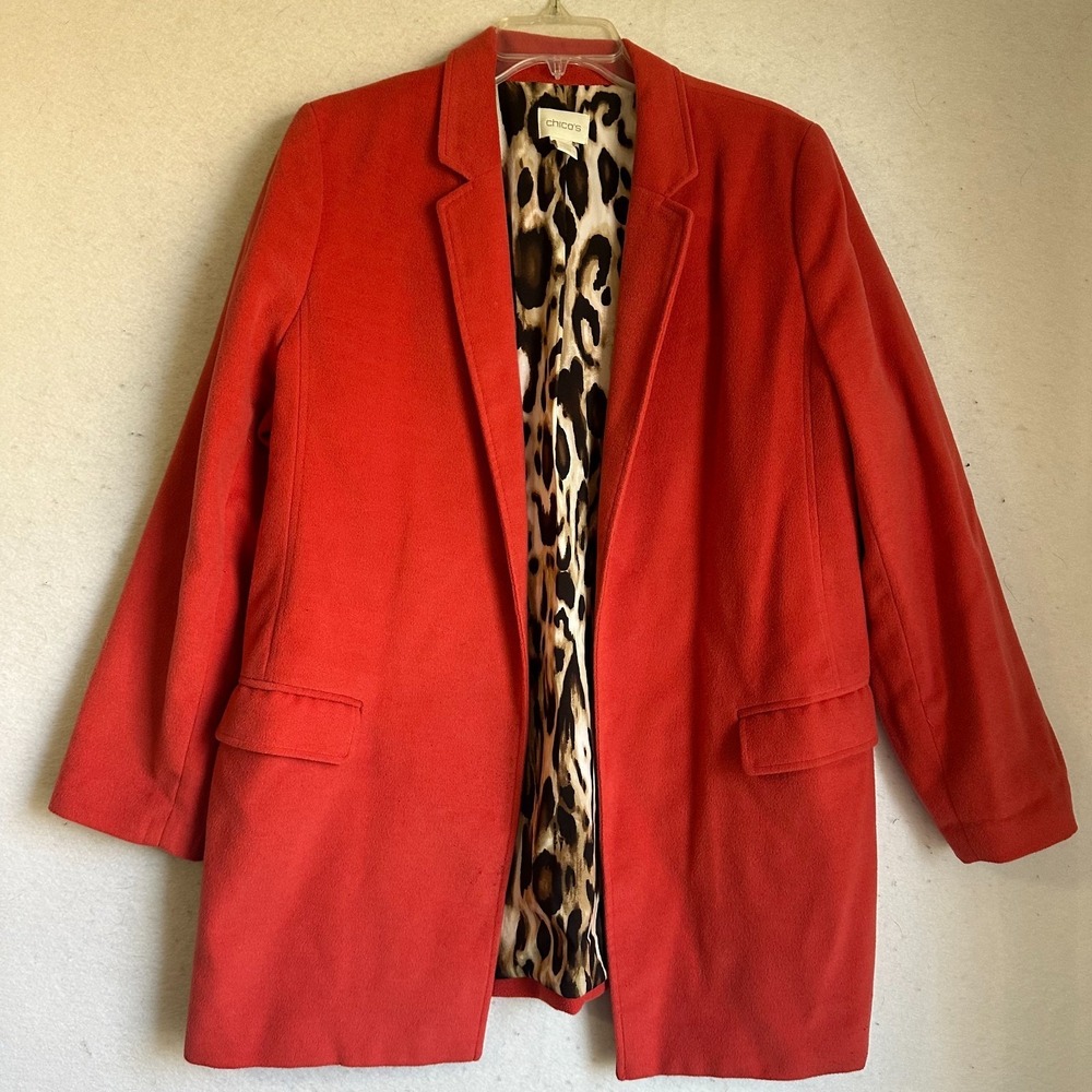 Chicos Red Orange Open Front Blazer Jacket Leopard Print Lining Sz 2 (12) career
